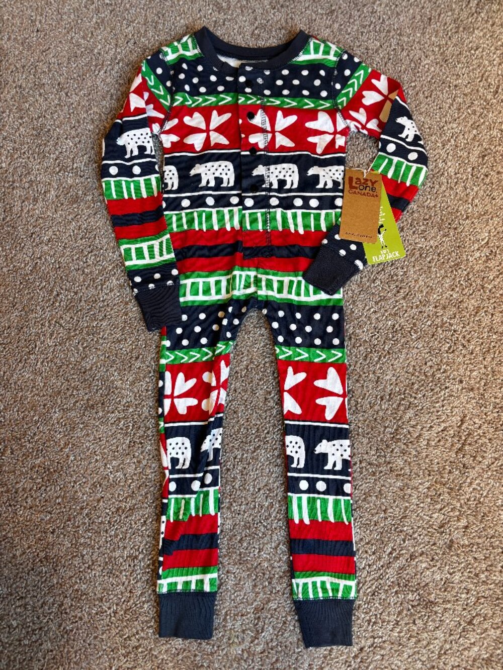 Lazy One Kids Christmas Pajamas 3T Bear Fair Isle One Piece Flapjack NWT